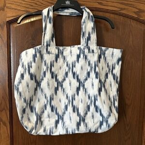 PAIGE Denim Tote Bag White Blue Ikat Pattern Carryall Shoulder Handbag